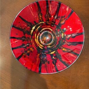 Pier 1 Red Glass Decorative Bowl with Black and Gold Radiant Accents